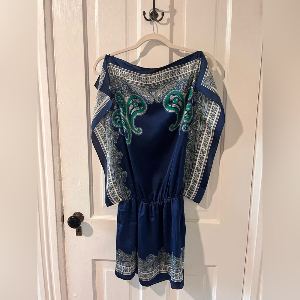 Blue, boho print, cocktail mini dress.